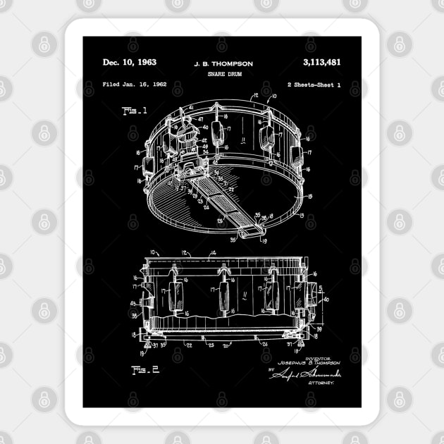 Snare Drum Thompson Patent White Magnet by Luve